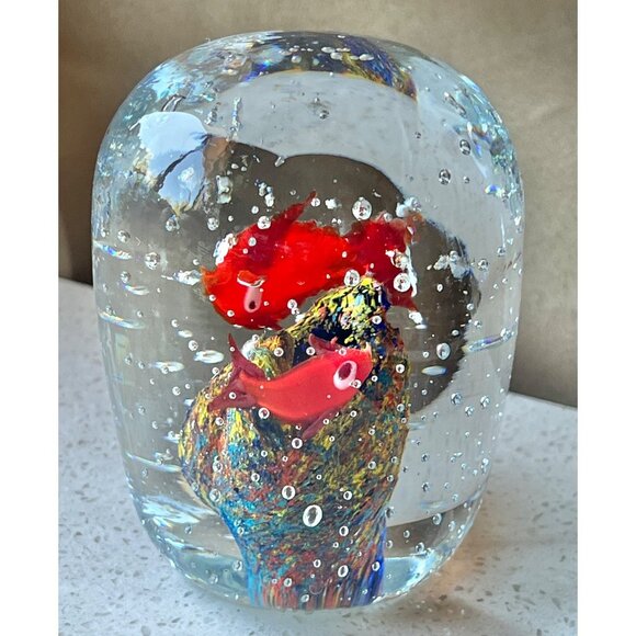 Handcrafted Blown Glass Paperweight With Colorful Fish & Bucillante Bubbles Gift - Picture 3 of 11